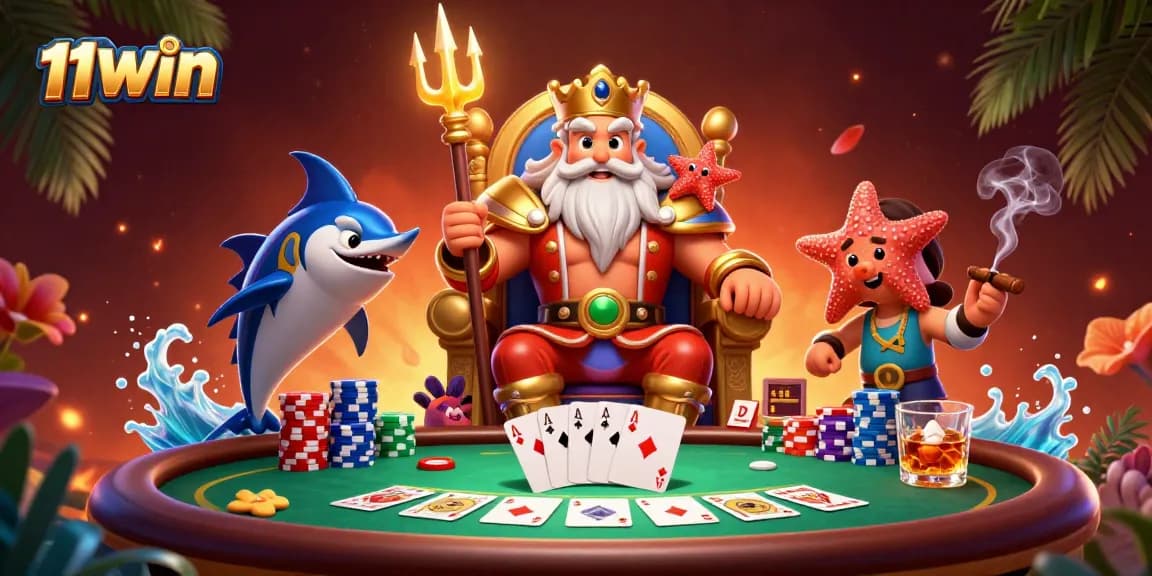 Join 11WIN for an exciting poker showdown featuring Neptune in a vibrant casino scene.
