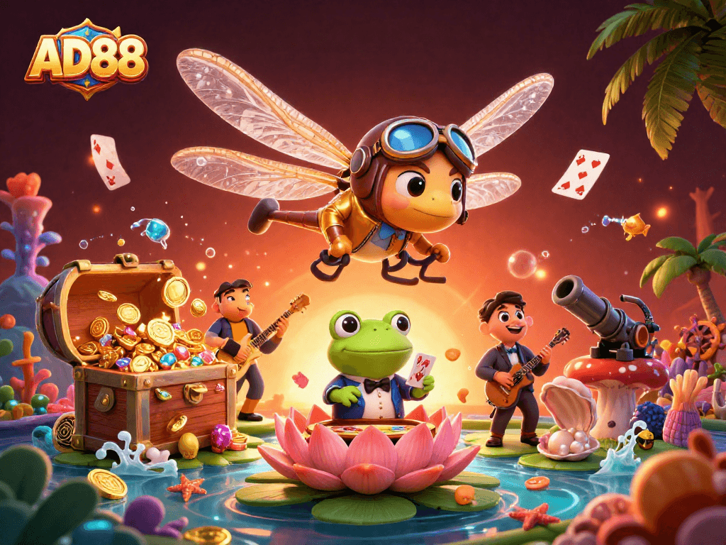Experience the vibrant AD88 online casino scene with a dragonfly pilot and frog croupier