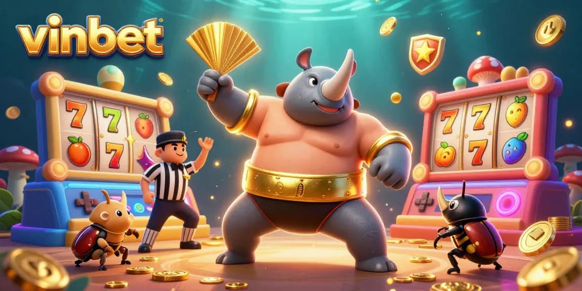 Experience the excitement of vinbet as our sumo champion beetle stomps to send coins flying in this vibrant casino scene.