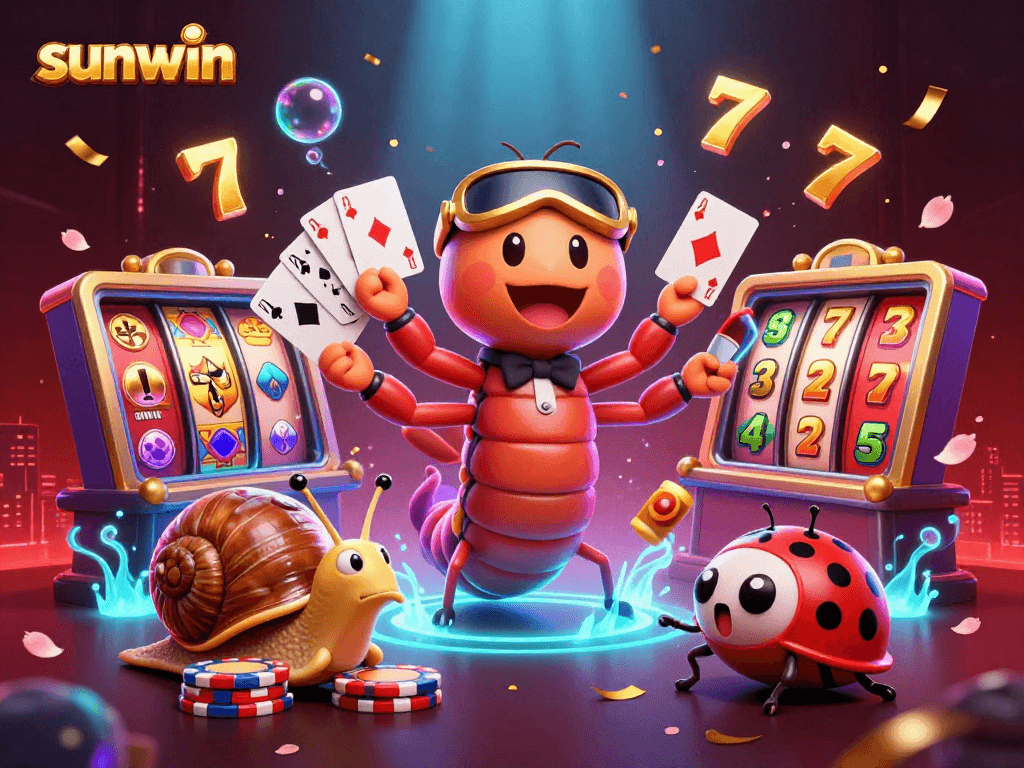 Spin the sunwin slot reels featuring vibrant characters in a dynamic casino scene.