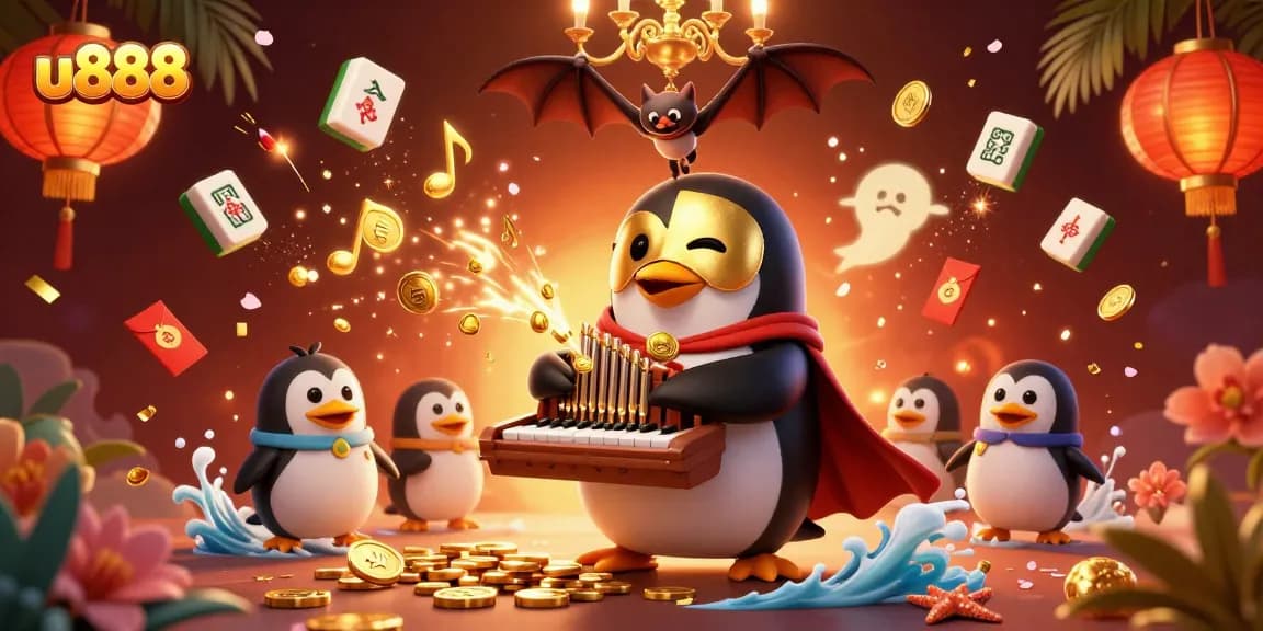 Experience thrilling gameplay at u888 with a penguin playing organ coins amidst a festive casino atmosphere.