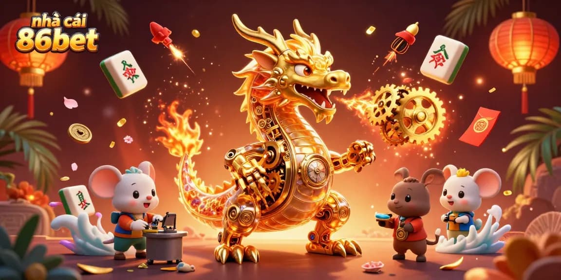 Engage with lucky wins at nhà cái 86bet featuring a golden dragon and vibrant casino elements.