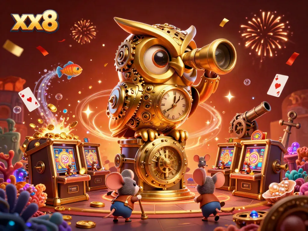 Experience the thrill of xx8 with dynamic casino action featuring an owl and vibrant gaming elements.