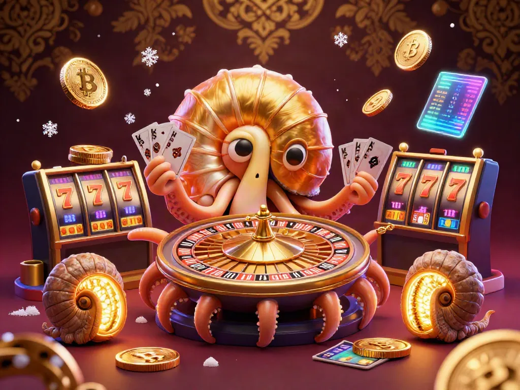 Experience the excitement of red88 with a 3D nautilus themed casino scene showcasing cards, Bitcoin, and slot elements.