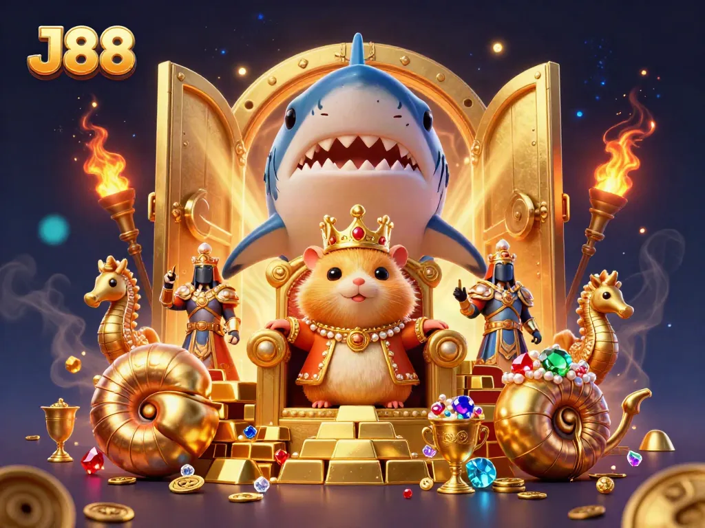 Experience the opulence of J88 with a golden hamster king on a megalodon throne, framed by treasure in a casino setting.