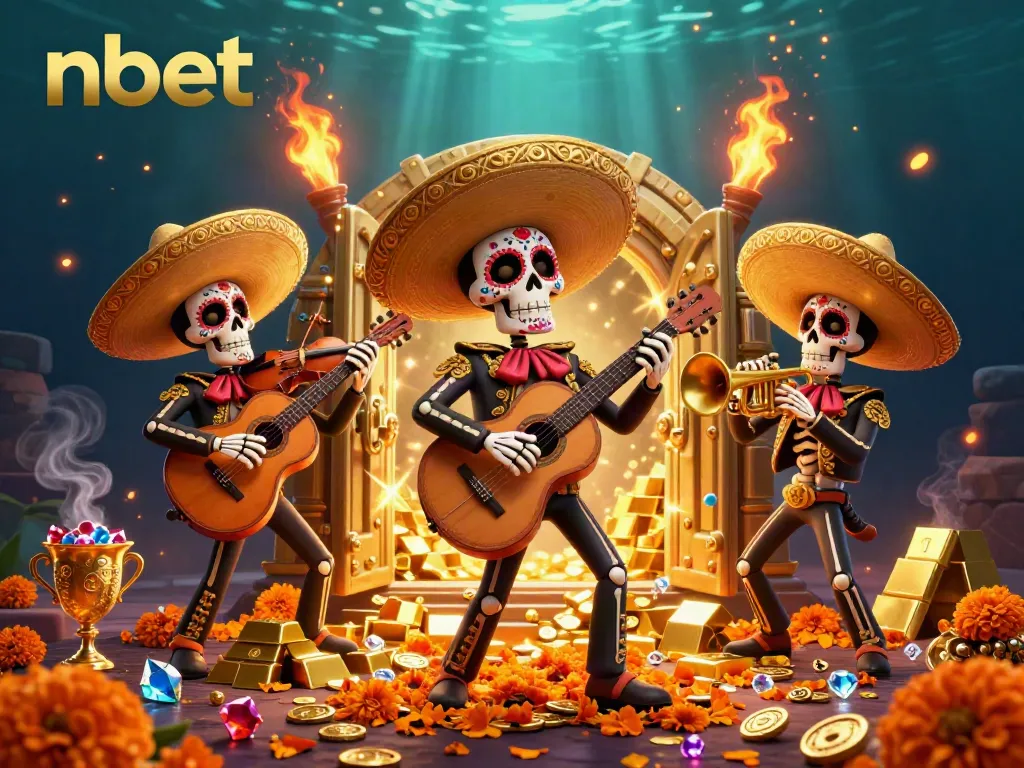 Join the fun with nbet at a lively Dia de los Muertos-themed mariachi band surrounded by treasure and casino riches.