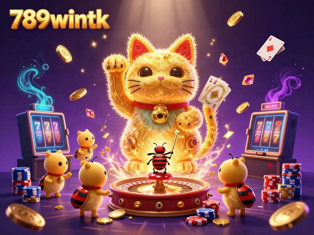 Experience the vibrant energy of 789wintk with golden fireflies forming a lucky cat and dynamic casino symbols.