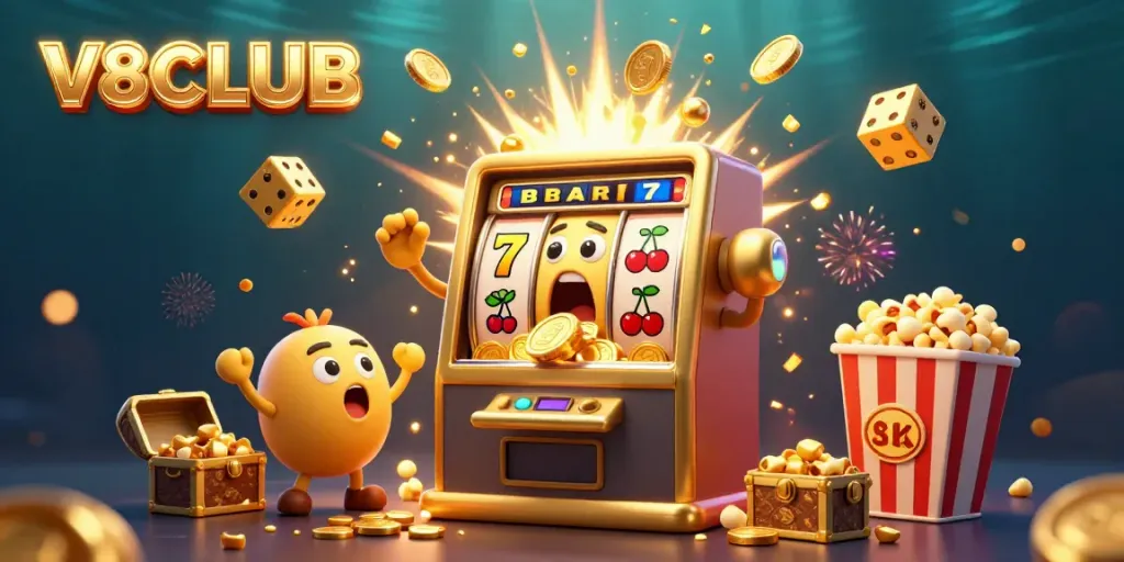 Experience the excitement of V8CLUB with a golden slot machine hitting a jackpot surrounded by vibrant casino elements.