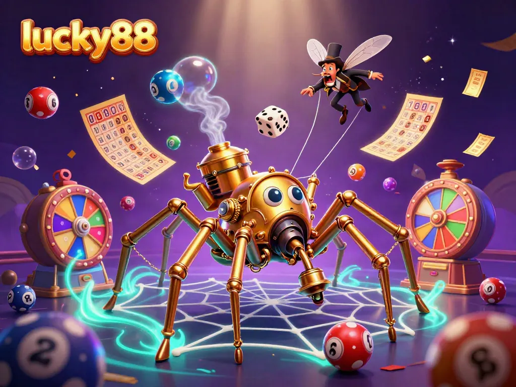 Engage with lucky88 through vibrant slots and exciting casino elements in a dynamic 3D scene.