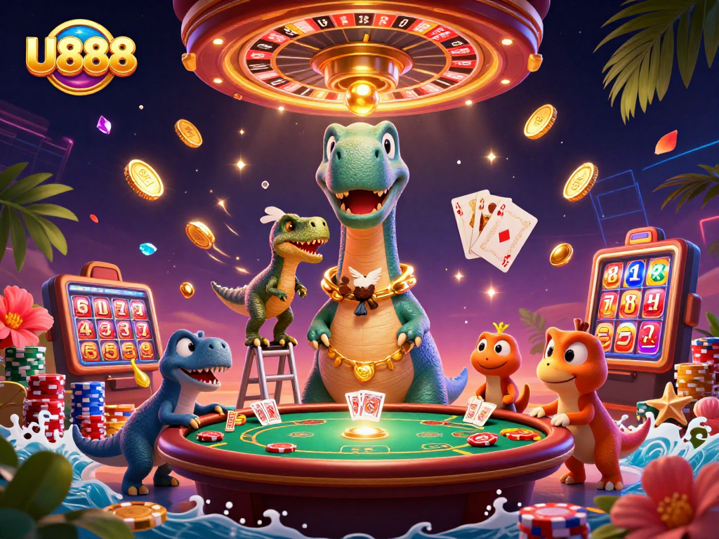 Experience U888's vibrant casino scene with a 3D cartoon brontosaurus and dynamic gaming elements.