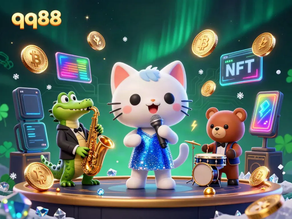 Catch the excitement of qq88's vibrant casino scene featuring animated characters and cryptocurrencies.