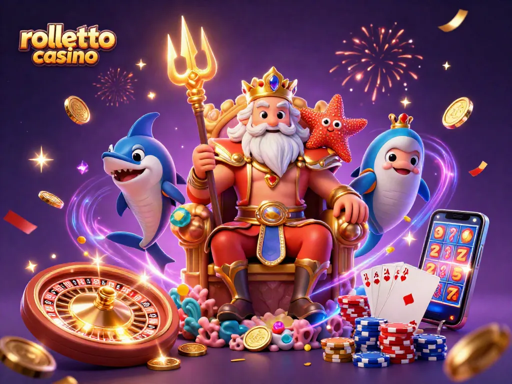 Experience the thrill of rolletto casino with vibrant illustrations of Neptune, gold coins, and gaming elements.