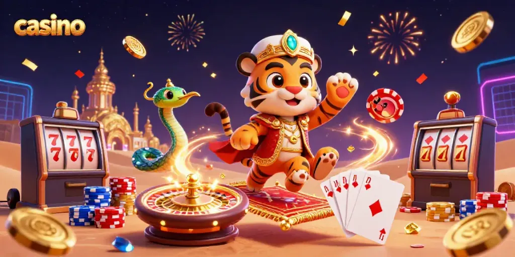 Experience casino excitement with a tiger sultan flying over a palace of gold amidst vibrant gaming elements.