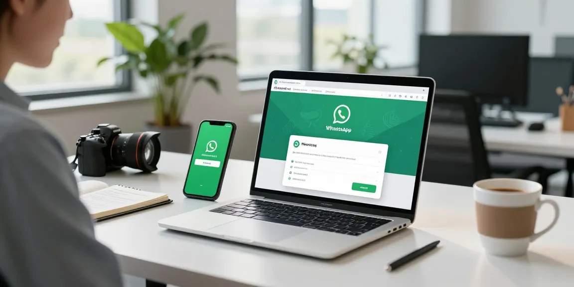 Modern office scene demonstrating WhatsApp下載 process with a laptop and smartphone.