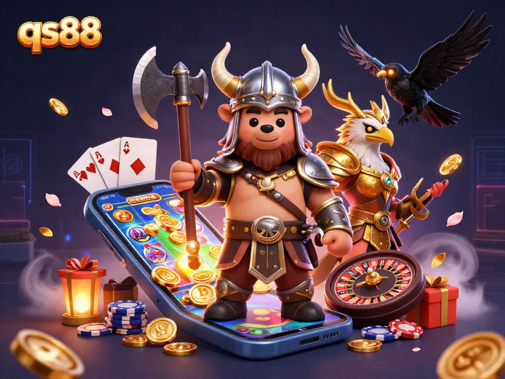Engage with exhilarating qs88 casino action featuring a Viking bear, Valkyrie eagle, and dynamic gaming elements.