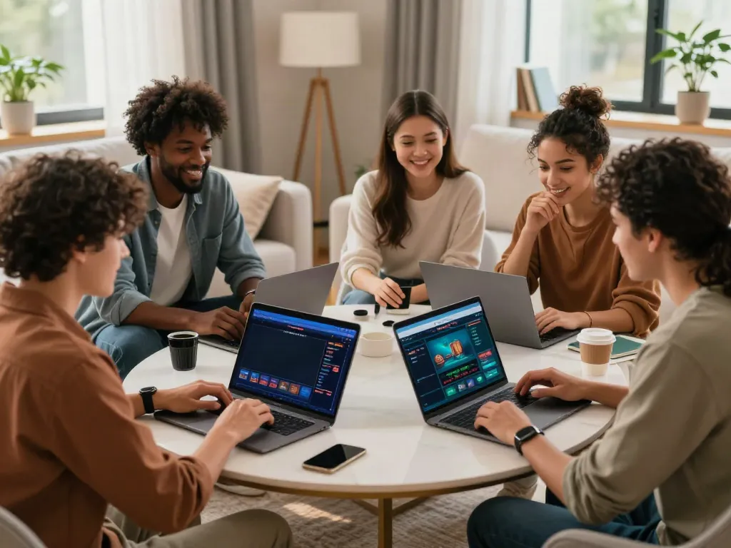 Friends discussing gambling sites not on GamStop during a cozy game night at home.