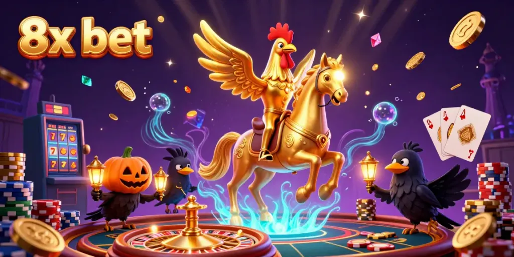 Experience the thrill of 8x bet as a golden rooster gallops through a vibrant casino, dazzling with gems.