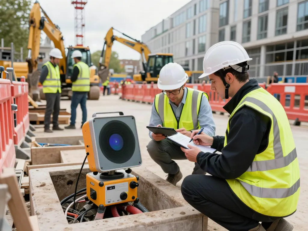 Utility Survey London being conducted at a construction site with surveyor using radar equipment.