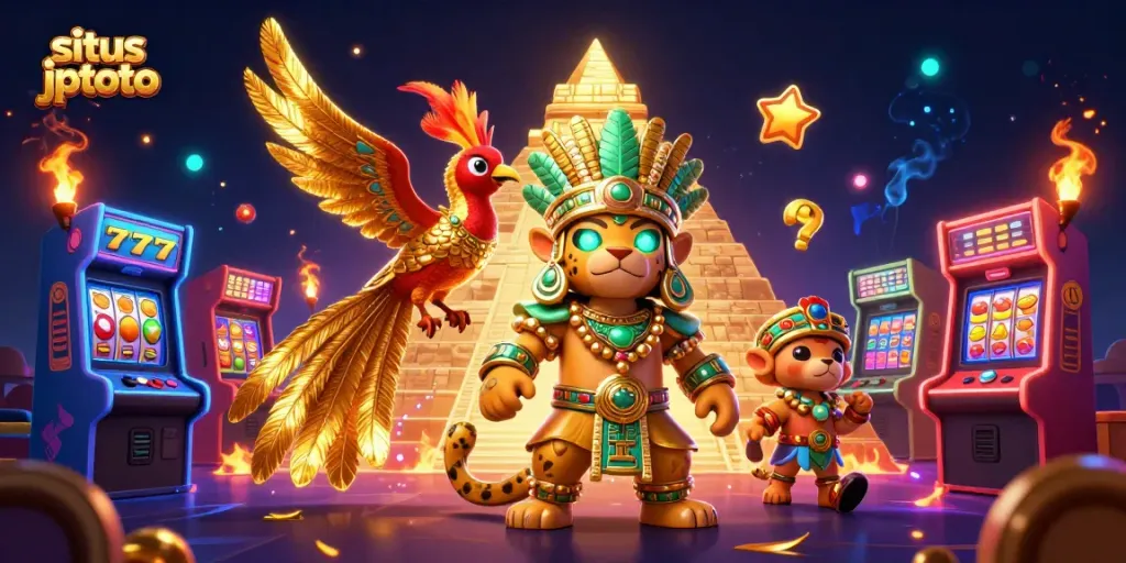 Experience the thrill at situs jptoto with a vibrant casino scene featuring spinning slot reels and dynamic game elements.
