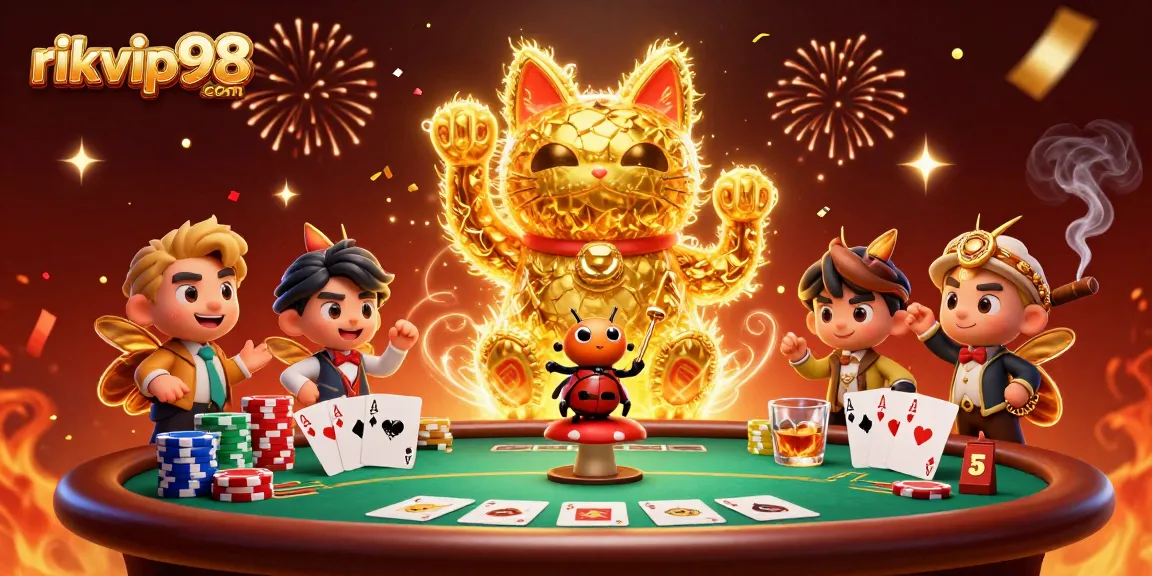 Experience the excitement of rikvip98 com with a vibrant 3D lucky cat and poker elements!