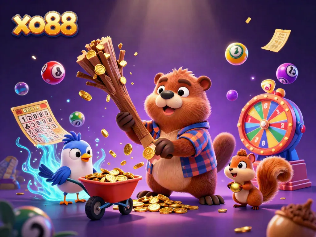 Spin and win at xo88 with a lively scene of a beaver, bird, and squirrel collecting golden treasures in an engaging casino atmosphere.