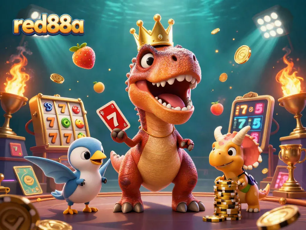 Experience exciting gameplay with red88a in a vibrant casino scene featuring a T-Rex and friends.