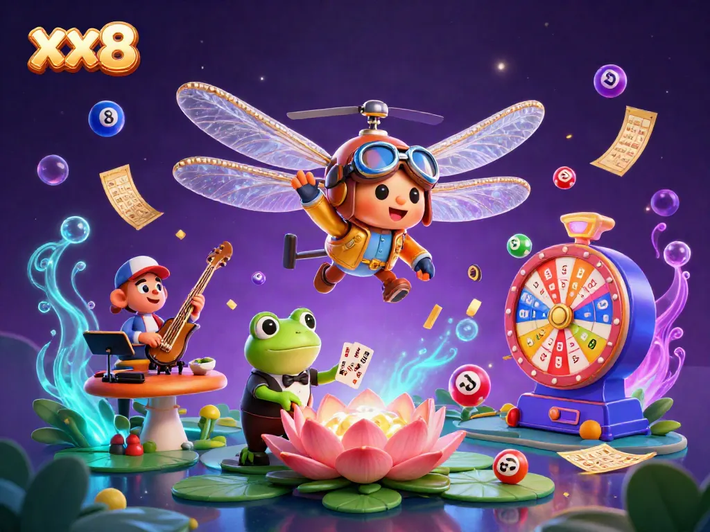Engage in thrilling games at xx8 with a vibrant casino scene featuring a playful dragonfly pilot and frog dealer.