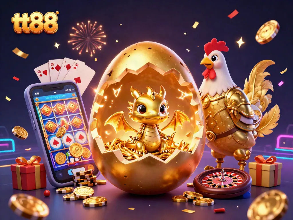 Win big at tt88 with a golden dragon on poker chips amidst thrilling casino elements!