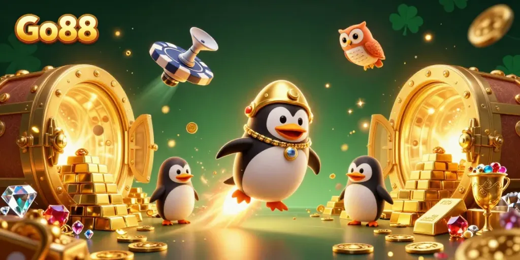 Experience thrilling adventures with Go88 as the golden penguin blasts through a vibrant gambling universe.