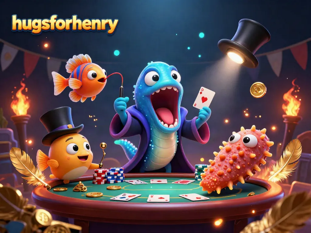 Engage in thrilling card tricks with hugsforhenry featuring magical sea creatures at a vibrant casino scene.