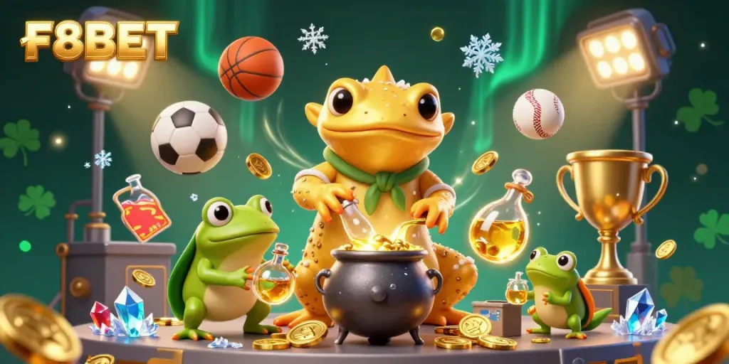 Experience thrilling gameplay at F8BET with a vibrant 3D scene of an alchemist transforming metals into gold amidst sports elements.