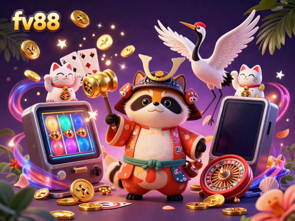 Experience the excitement of fv88 with a joyful tanuki holding a golden mallet, surrounded by colorful game elements.