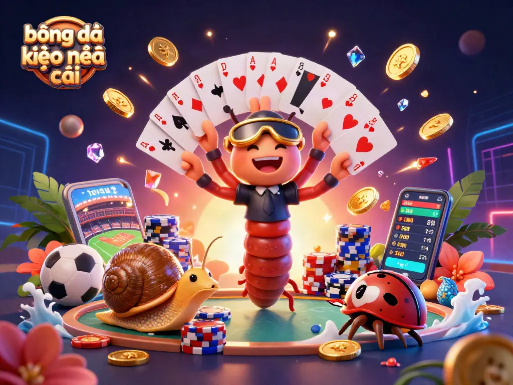 Engaging scene depicting bóng đá kèo nhà cái with a millipede dealer and snail high-roller amid vibrant casino energy.