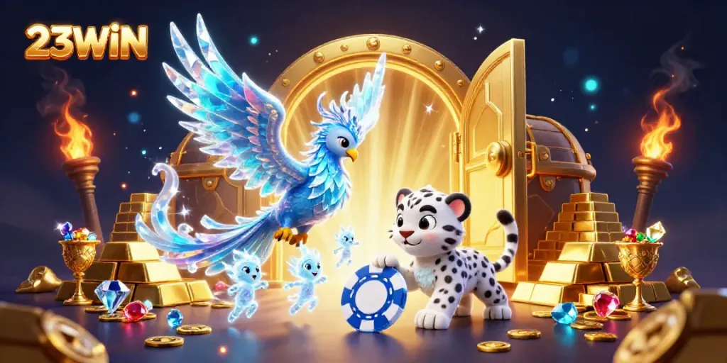 Join the fun at 23WIN with an exhilarating gaming scene featuring vibrant characters and treasures.