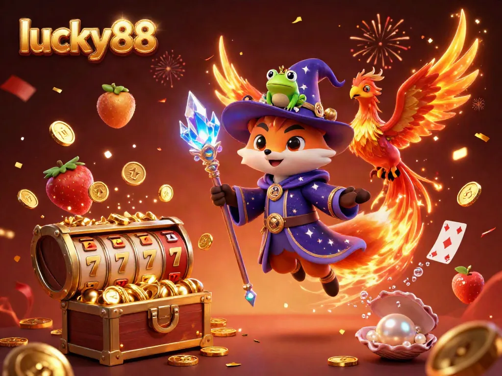 Spin the reels of lucky88 with a mystical wizard fox, phoenix, and treasure-themed scene.