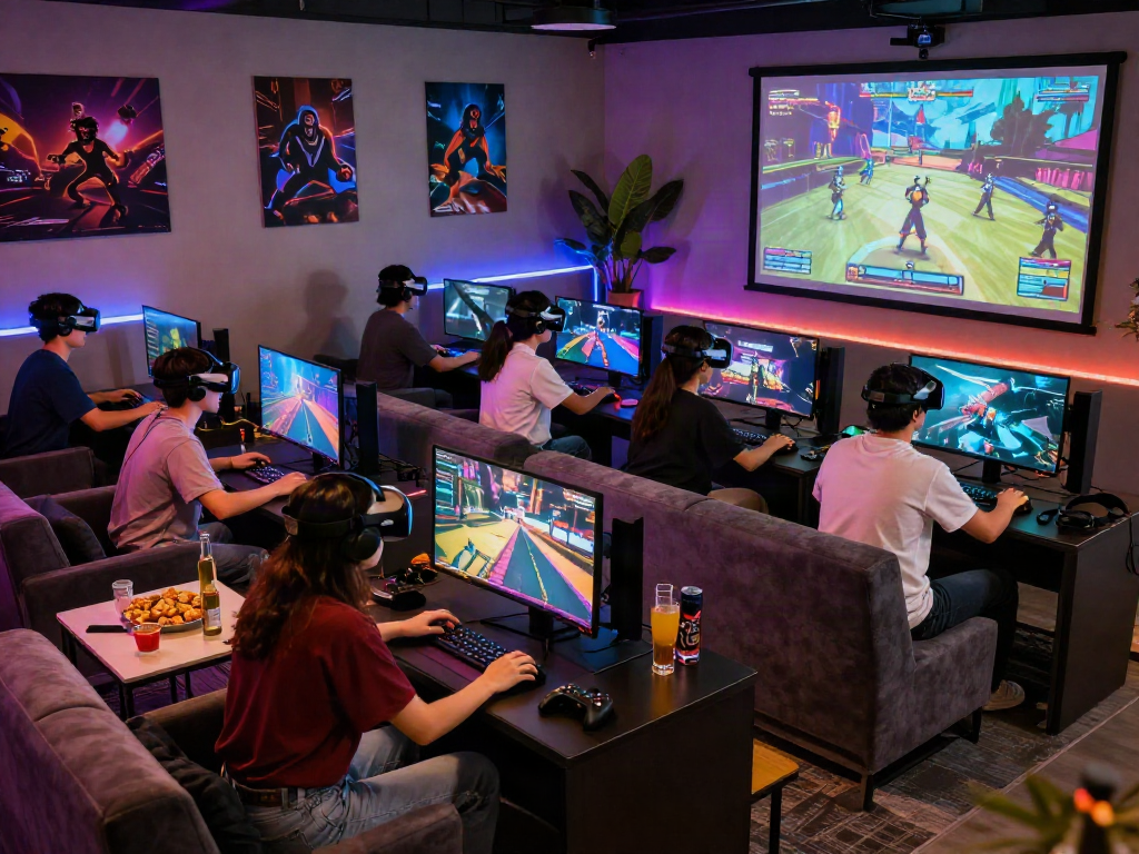 Engaged friends playing porngame in a vibrant urban gaming lounge