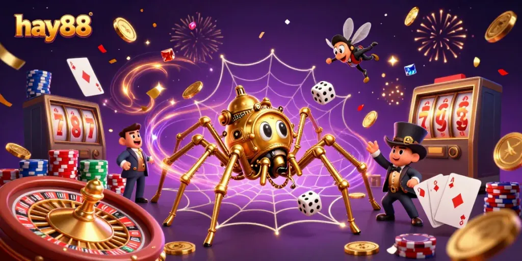 Engage in thrilling gaming action with hay88, featuring a steampunk spider, flying coins, and dynamic casino elements.