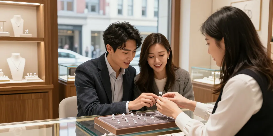 Solitaire diamond engagement ring in a luxury jewelry store, capturing a couple's joyful moment.