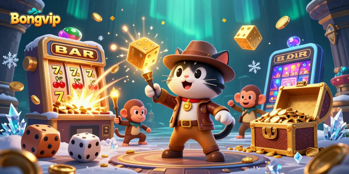 Bongvip showcases a thrilling 3D scene with an explorer cat discovering golden casino artifacts amidst dynamic gambling elements.