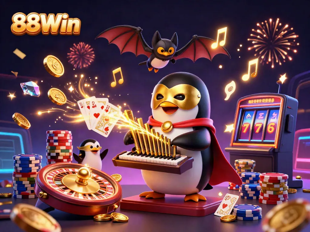 Experience the excitement of 88Win with animated characters playing games alongside vibrant casino elements.