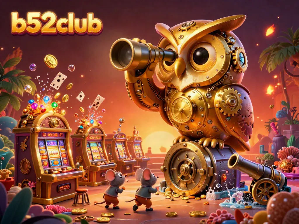 Engage with the b52club gaming adventure, featuring a whimsical owl in a dazzling casino illustration.