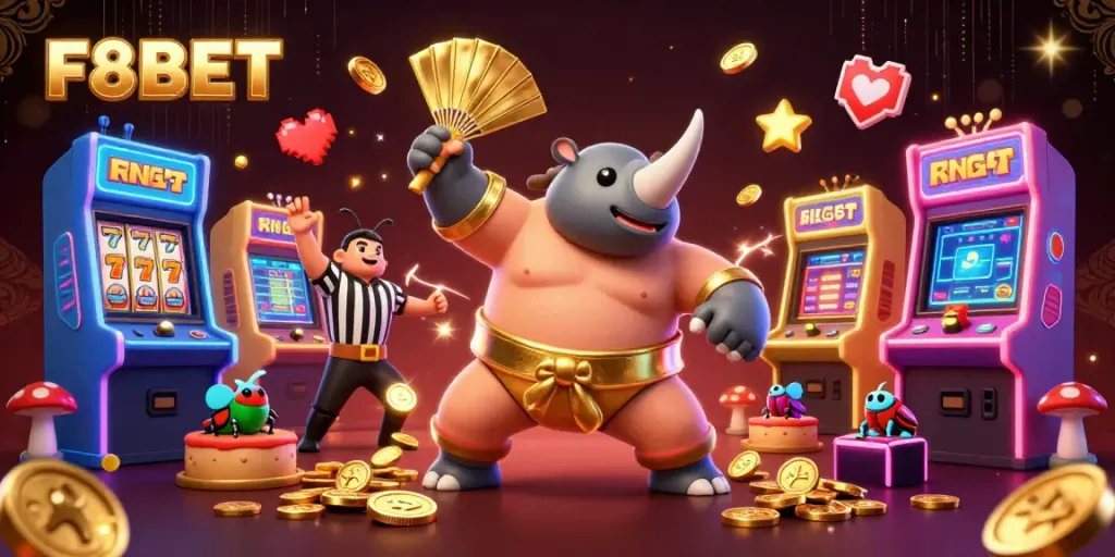 Experience thrilling gaming action at F8BET casino with a fun illustration showing a rhinoceros beetle champion.