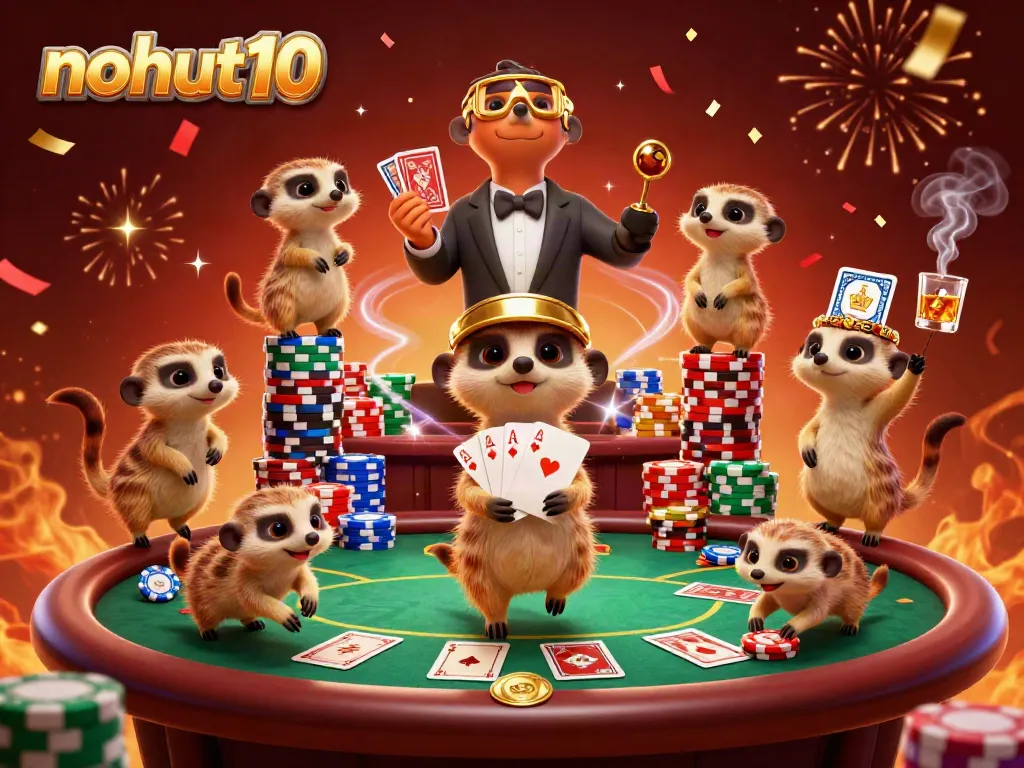 Experience the vibrant casino world of nohut10 featuring meerkats in a dynamic gaming scene.