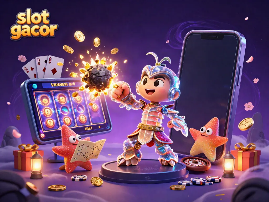 Engage in the vibrant world of slot gacor with an exciting scene featuring a mantis shrimp and starfish amidst exploding gems.