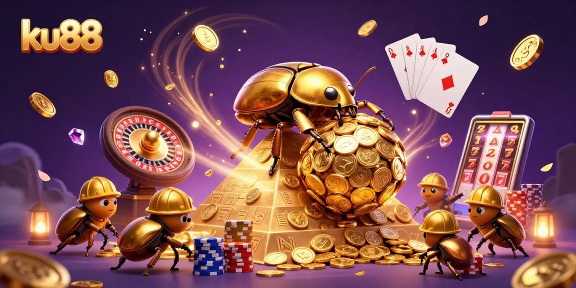 ku88 casino scene with a golden dung beetle and dazzling gambling elements