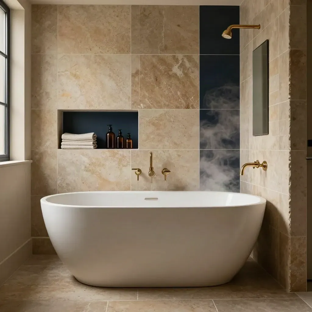 Rebuilt bathroom with freestanding tub, stone tiles, shower niche and brushed metal fittings.