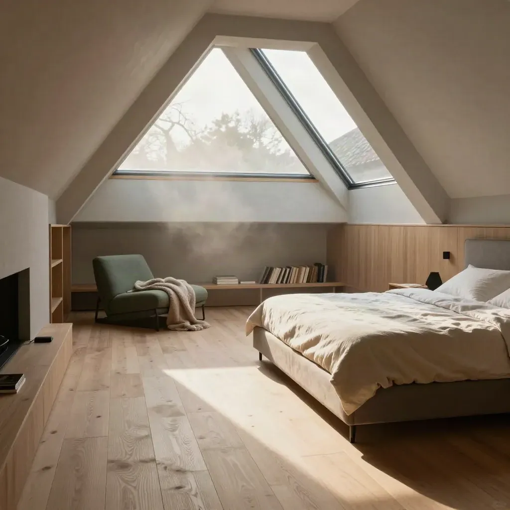 Loft bedroom under skylights with pale timber floors, sage accents and sunlit rafters