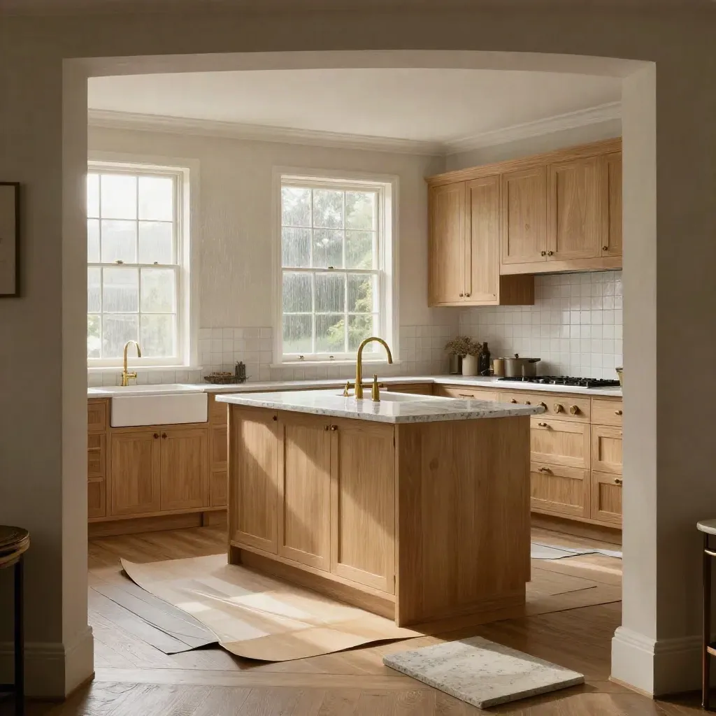 Completed Victorian kitchen renovation with oak cabinets, quartz island and brass tapware.