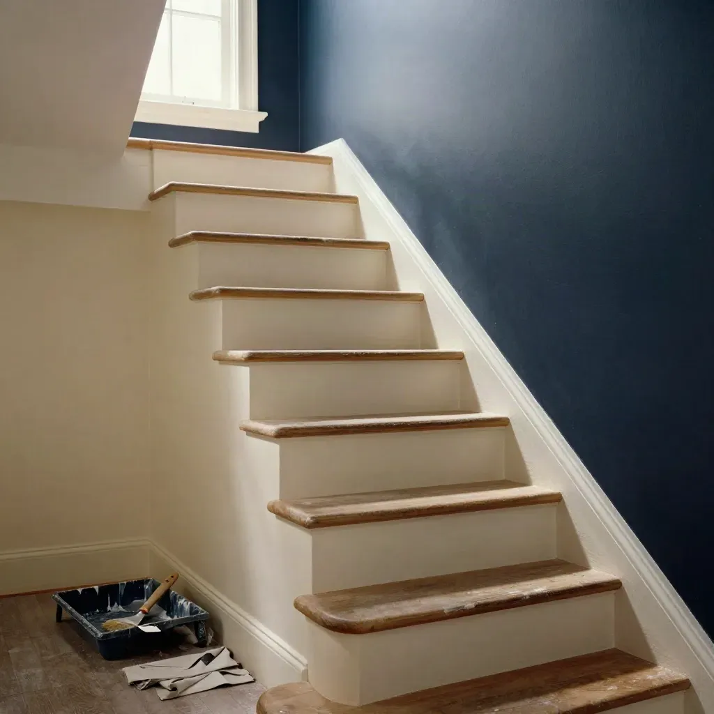 Freshly painted stairwell with brush tray, drop cloths, and soft window light