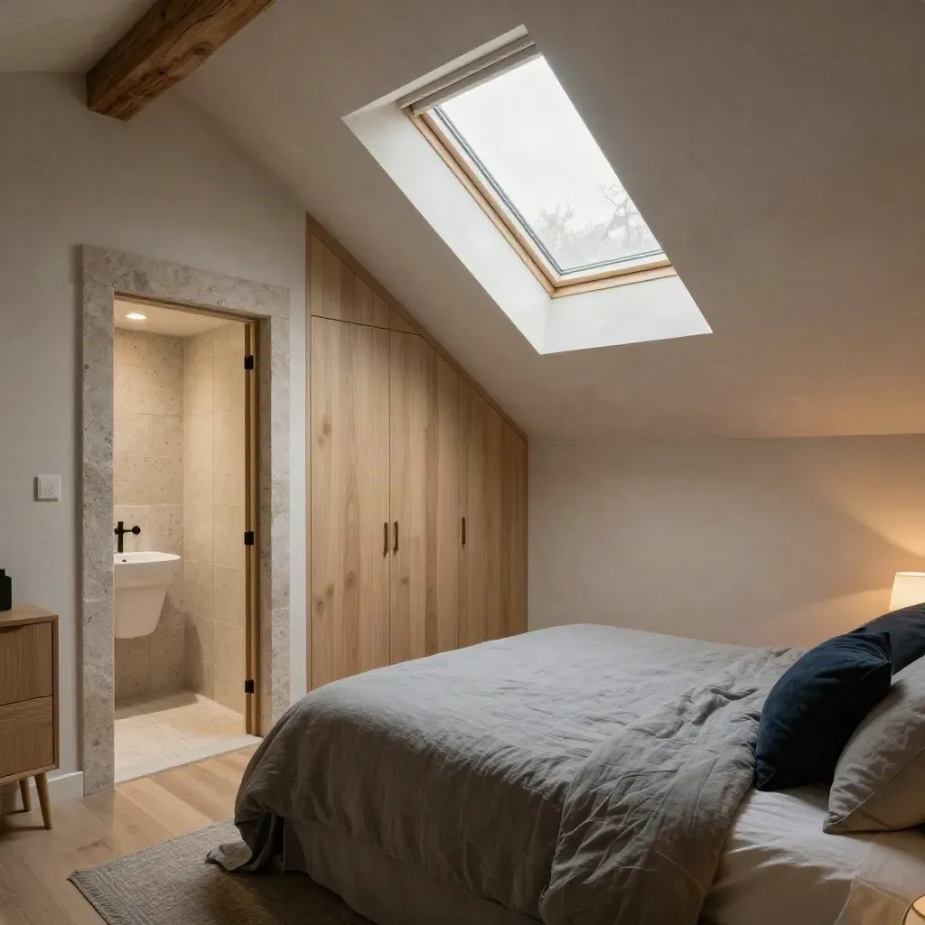 Finished loft bedroom with ensuite doorway, skylight beam on linen, warm timber and stone
